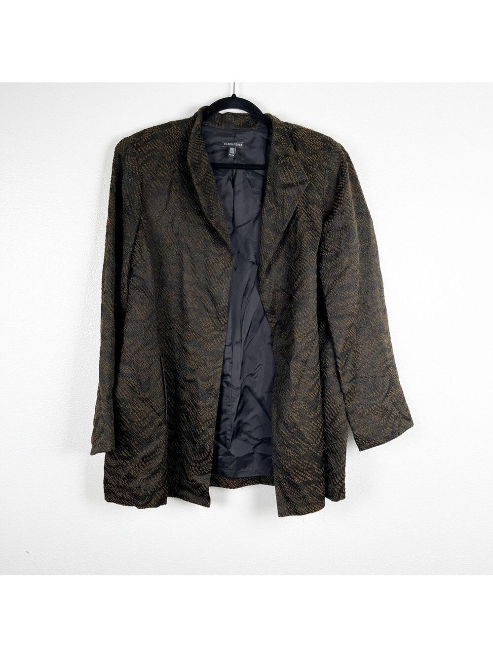 Eileen Fisher Black & Gold Silk Textured Blazer. XL.   Fully lined.